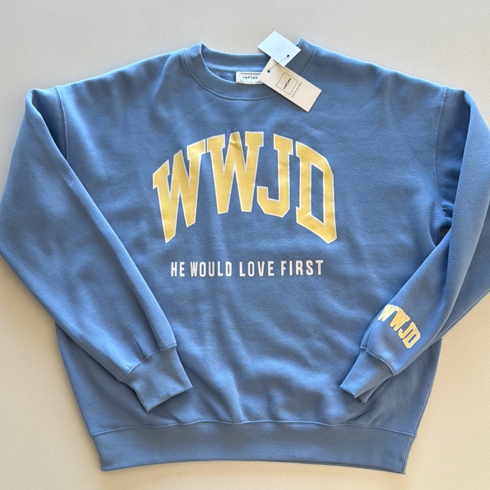 WWJD Blue Sweatshirt, Size Small, NWT, Spring Summer Ready!